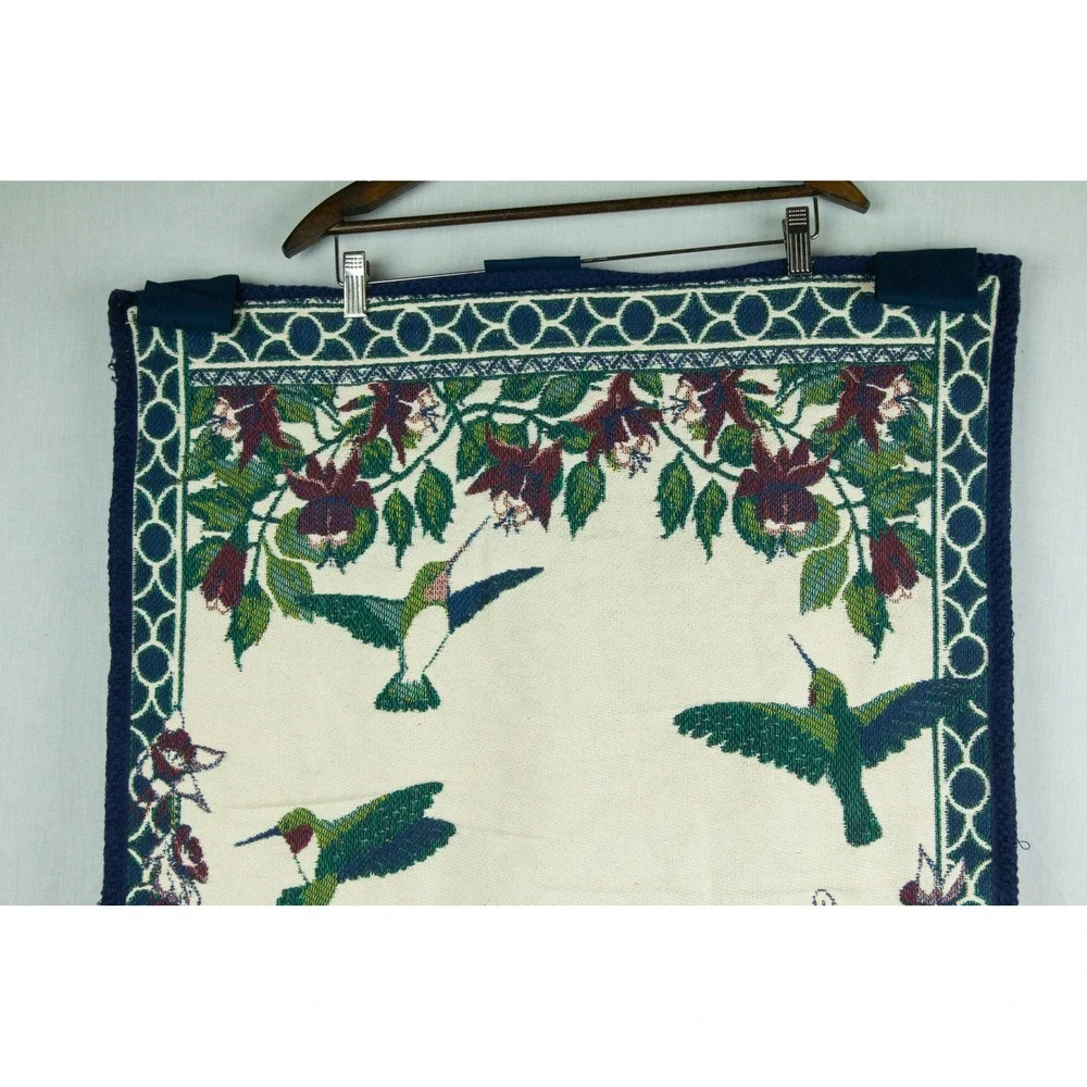 Vintage Woven Hummingbird Tapestry Wall Hanging Floral Nature Decor Cream Blue